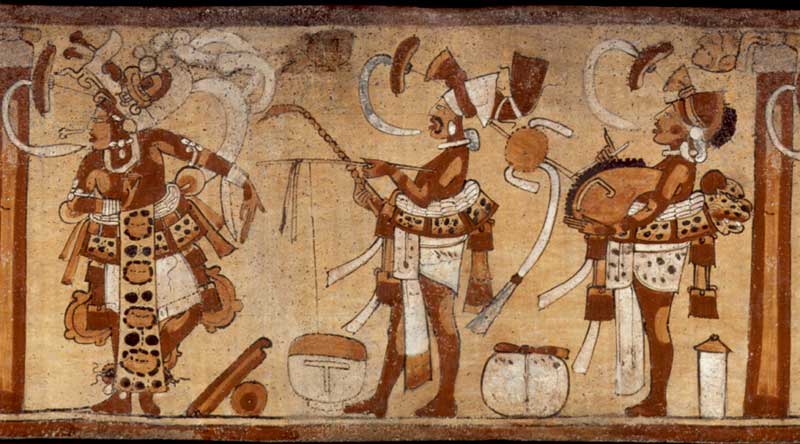 The musicians (centre and right) are playing a rasp drum (centre) and a huge jaguar-shaped scraper (right);