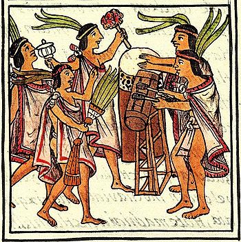 A drawing from the 16th century Florentine Codex showing a One Flower ceremony with a teponaztli 